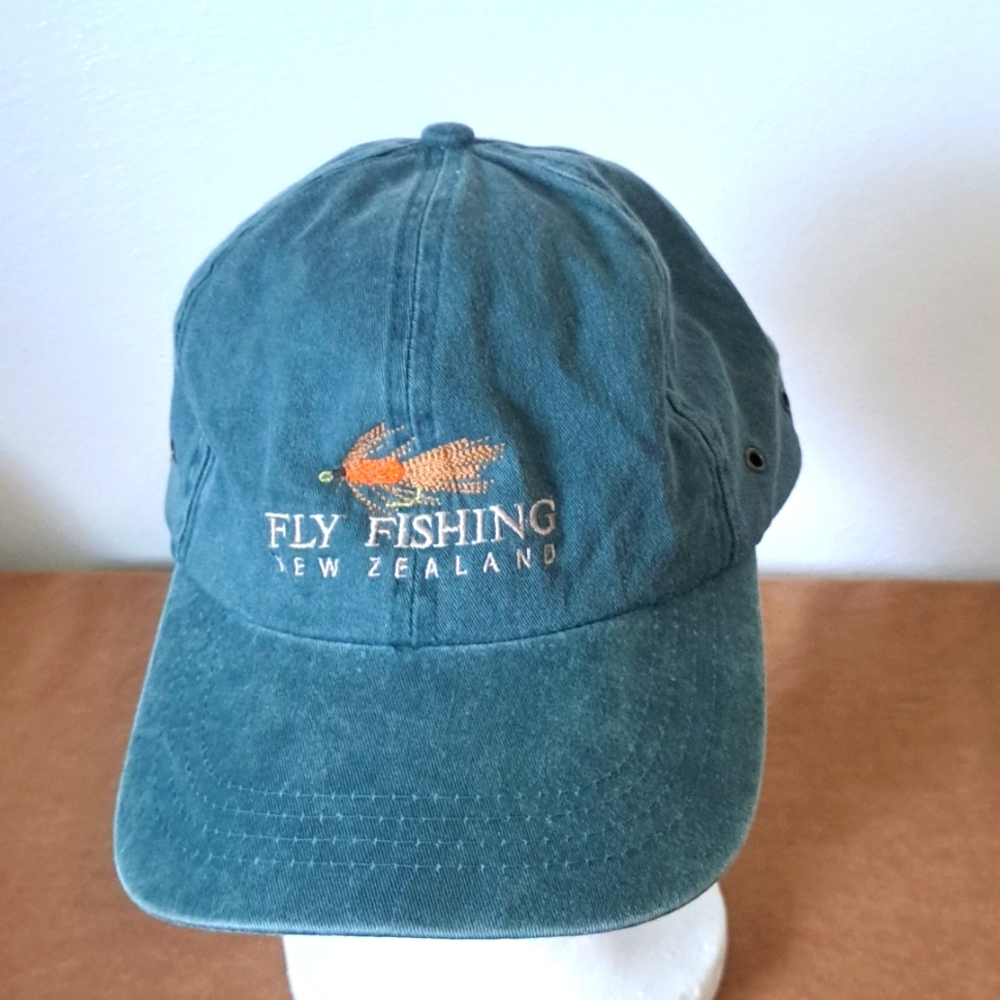 Fly Fishing New Zealand distressed teal cotton adjustable hat.